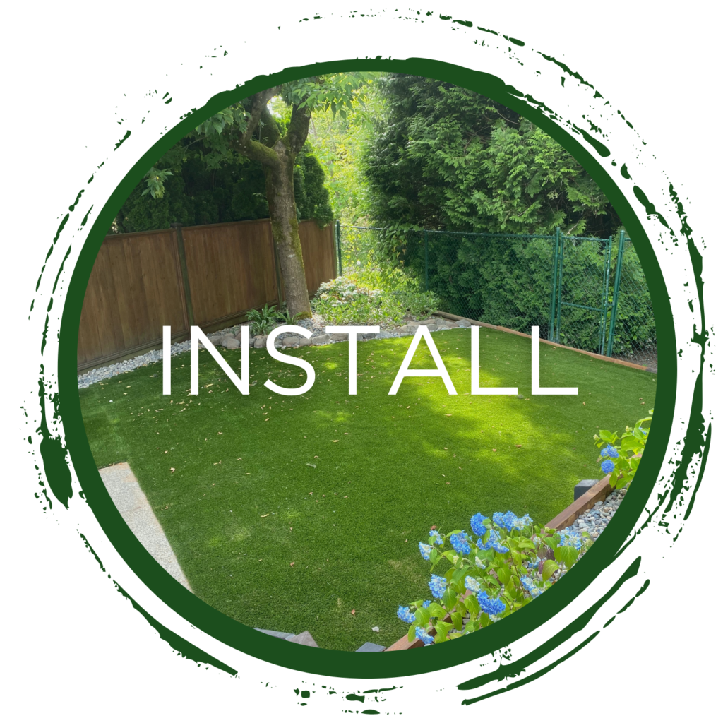 Professional artificial turf installation in a Surrey backyard featuring lush green grass, blue flowers, and a clean landscape design with "INSTALL" text.