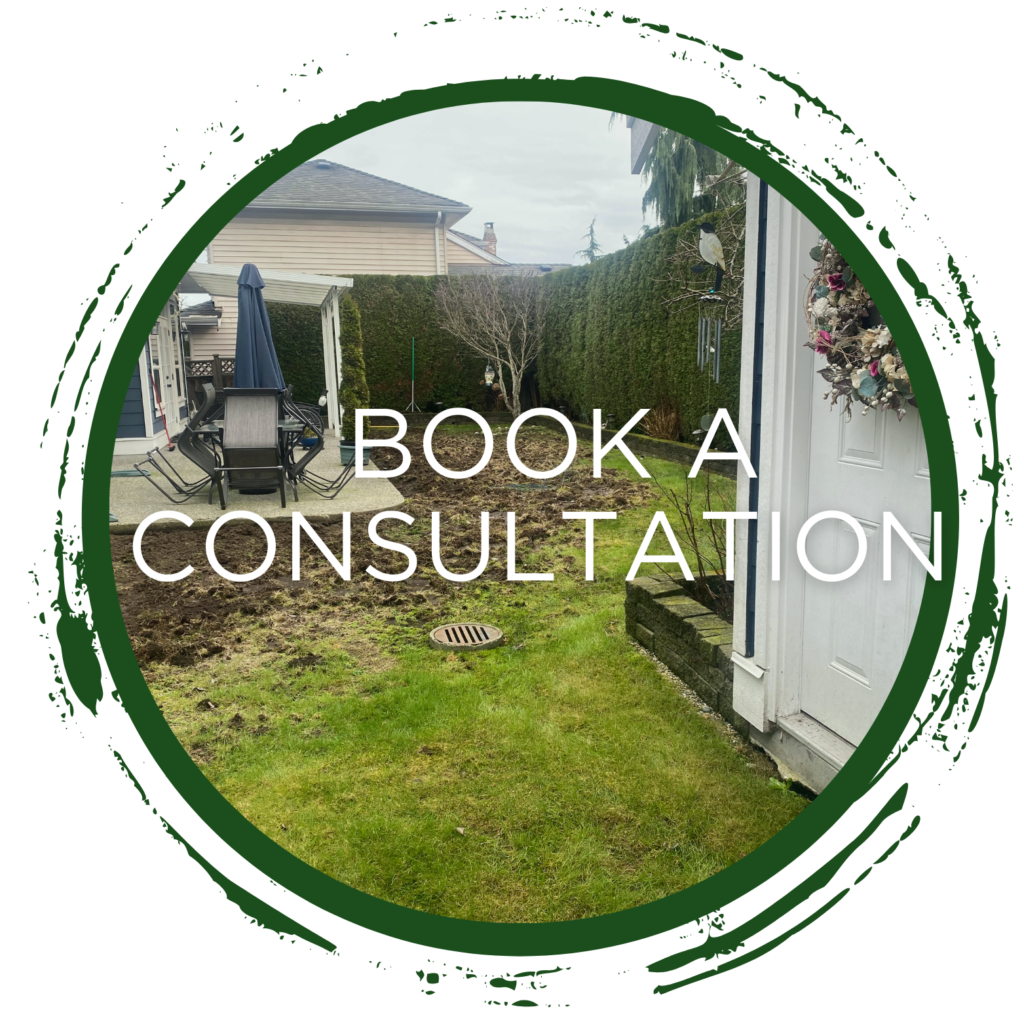 Book a professional artificial turf and landscaping consultation in Surrey, BC. Image shows a residential backyard ready for a landscape transformation with "BOOK A CONSULTATION" text.